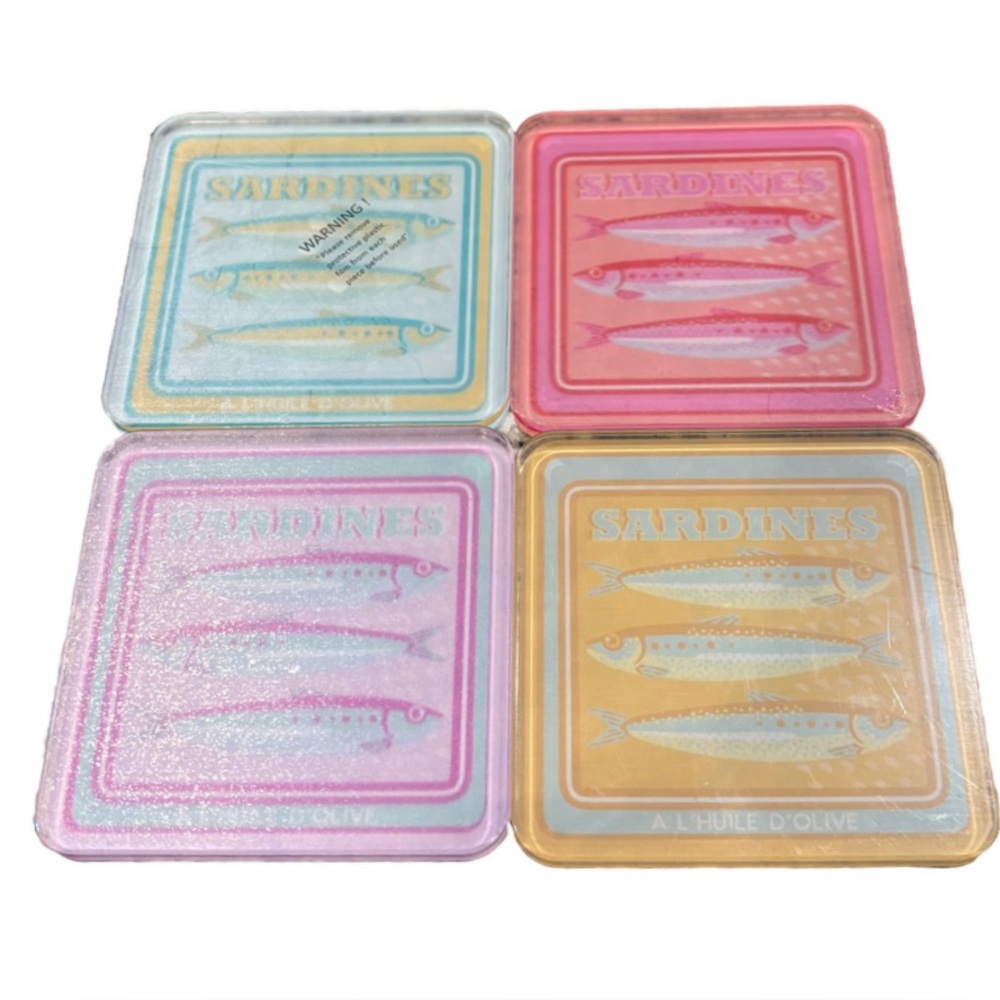 HAPPY HOUR NWT 5pc acrylic sardines coaster with holder set -multi